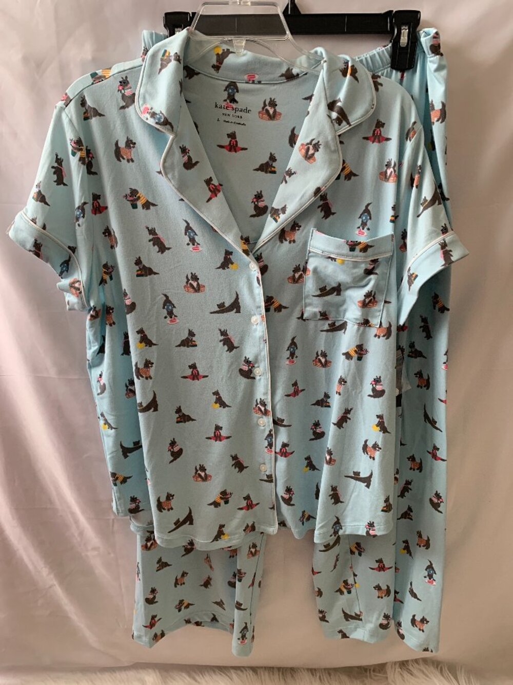KATE SPADE Playful Scottie Dog Pajamas Set in Blue/White Sz LARGE